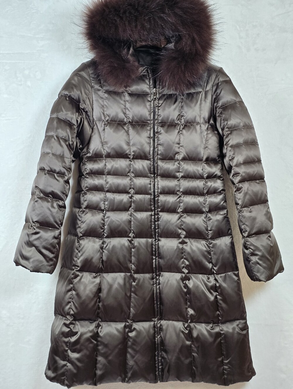 Andrew Marc Goose Down Long Puffer Coat Real Fur Hood Bronze Brown Sz. Small